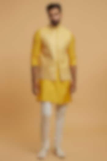 Mustard Yellow Blended Viscose Embroidered Bundi Jacket Set by Twamev