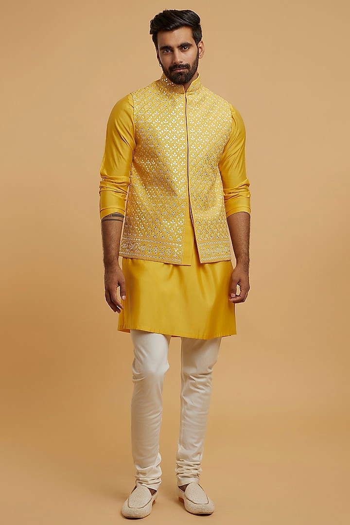 Mustard Yellow Blended Viscose Embroidered Bundi Jacket Set by Twamev