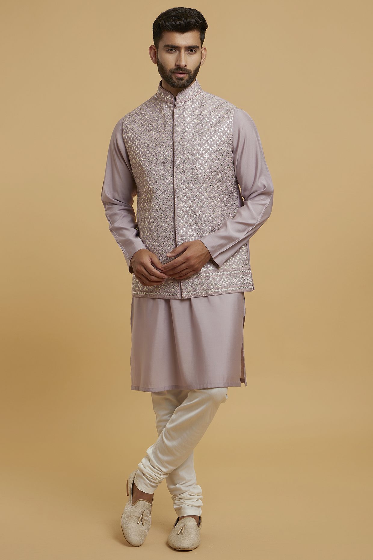 Purple Blended Viscose Embroidered Bundi Jacket Set by Twamev