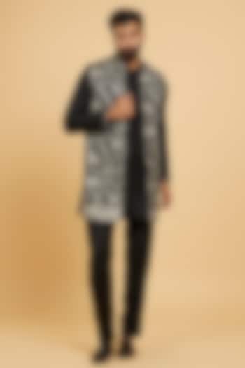 Black Art Silk Embroidered Jacket Set by Twamev at Pernia's Pop Up Shop