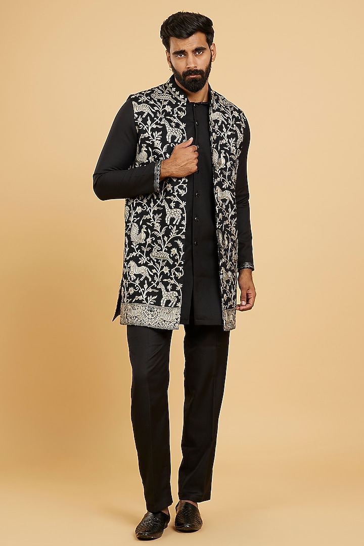 Black Art Silk Embroidered Jacket Set by Twamev at Pernia's Pop Up Shop
