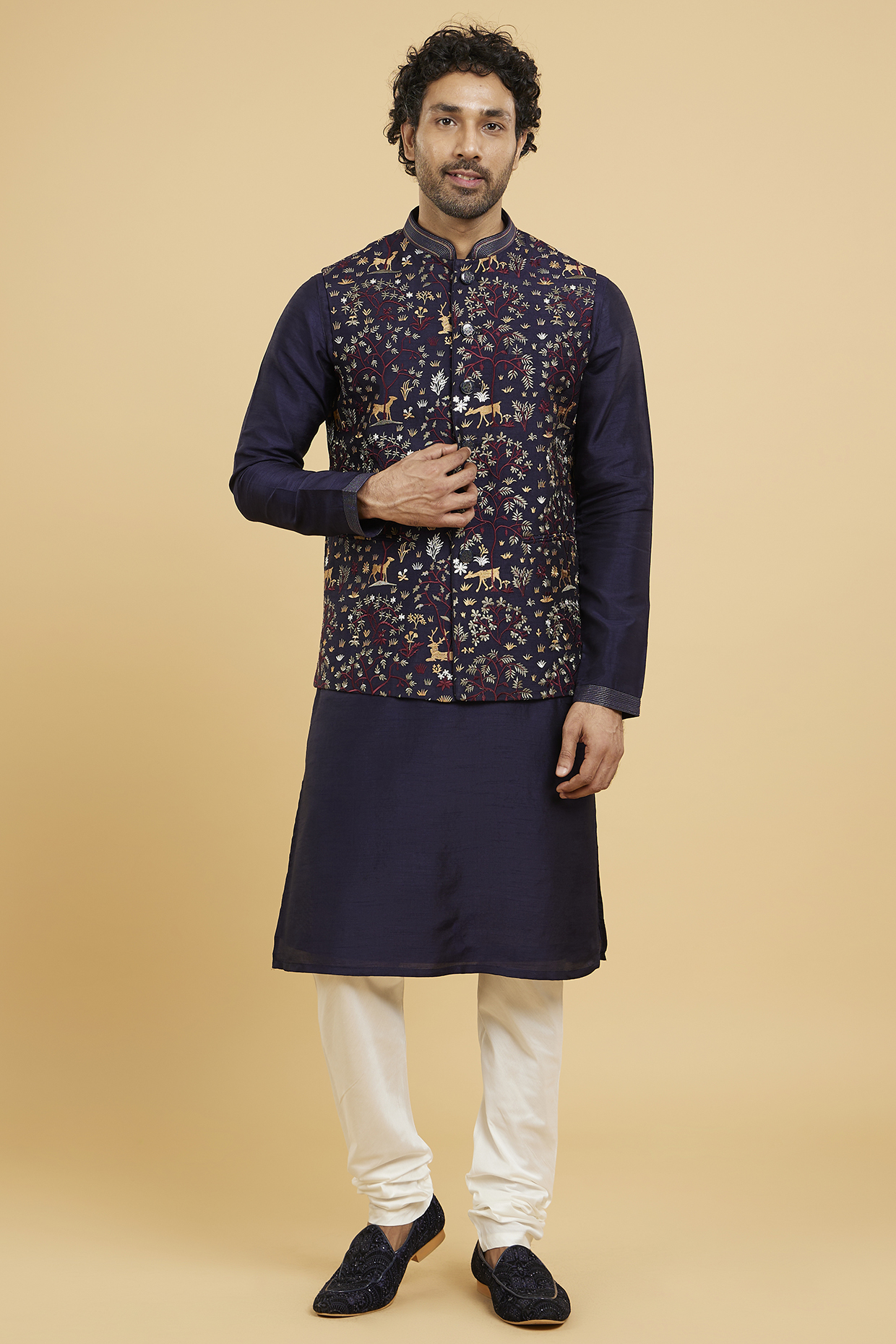 Dark Blue Art Silk Hand Embroidered Bundi Jacket Set by Twamev
