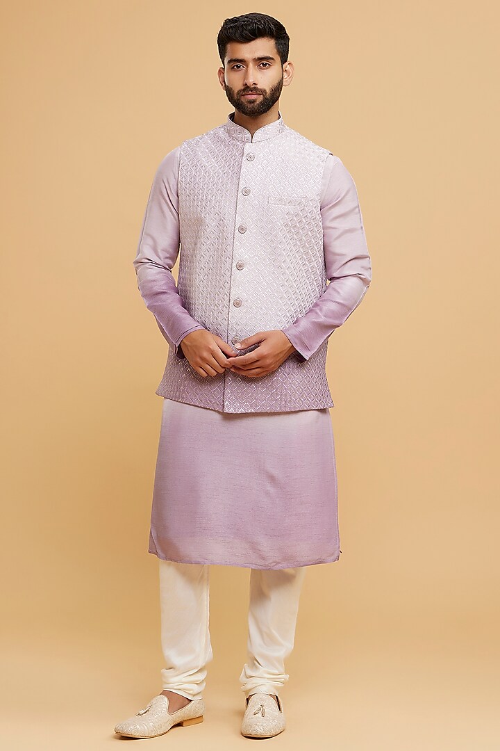 Lilac Ombre Art Silk Thread Embroidered Bundi Jacket Set by Twamev
