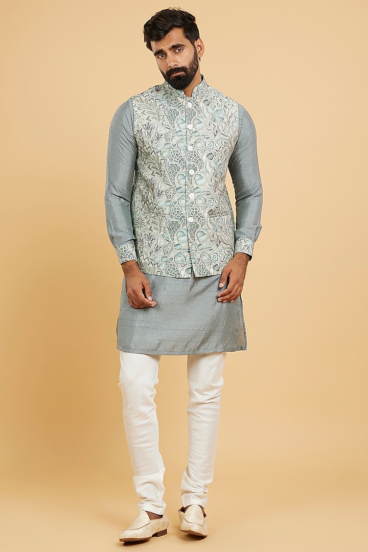 Green Art Silk Printed & Hand Embroidered Bundi Jacket Set by Twamev