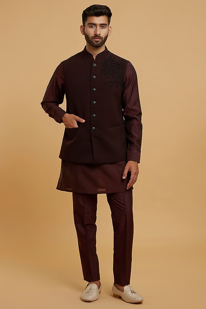Maroon Blended Rayon Bundi Jacket Set by Twamev