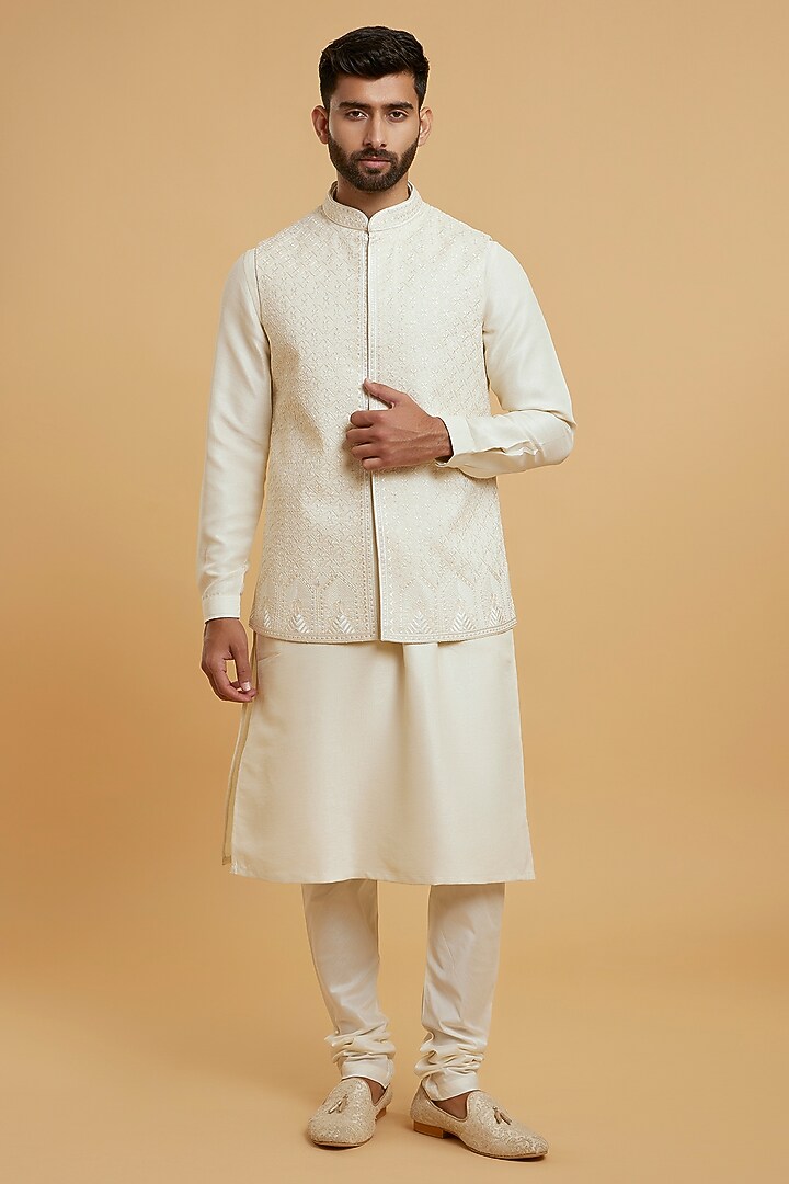 Cream Art Silk Sequins Embroidered Bundi Jacket Set by Twamev