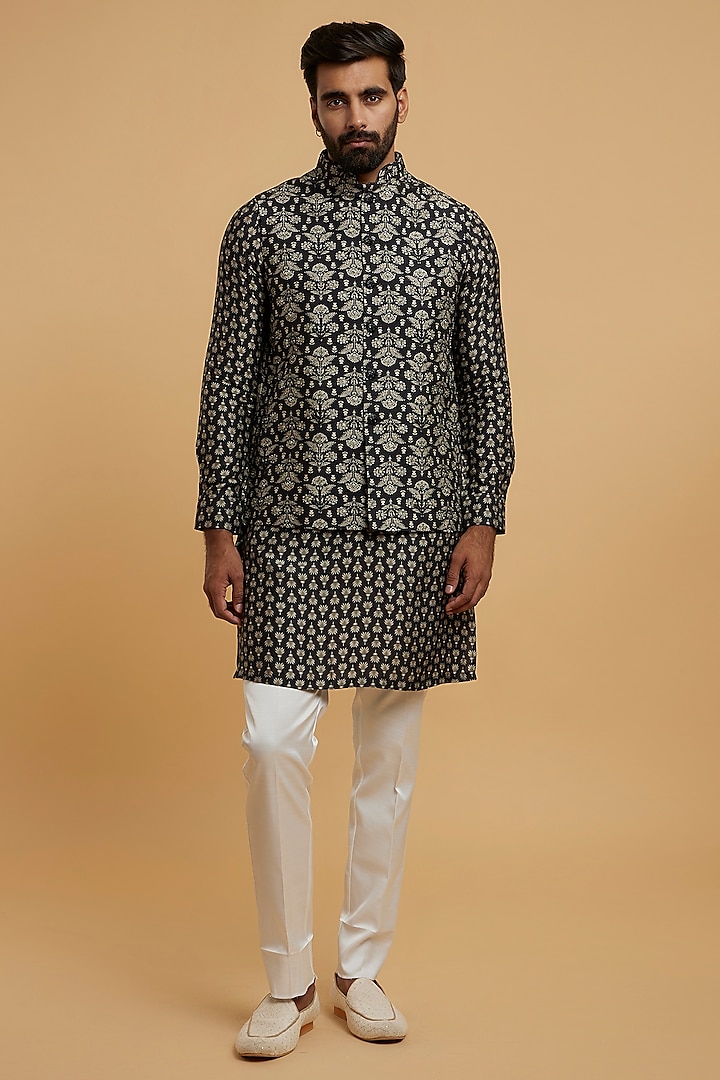 Black Art Silk Sequins Embroidered Bundi Jacket Set by Twamev