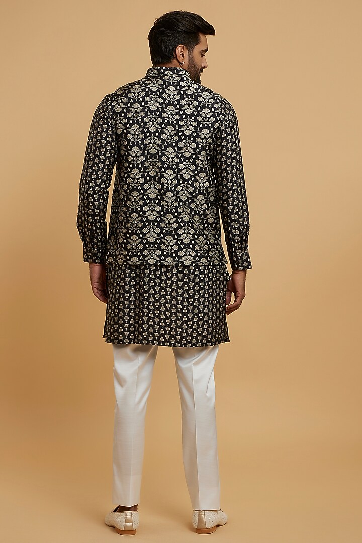 Black Art Silk Sequins Embroidered Bundi Jacket Set by Twamev at Pernia's Pop Up Shop