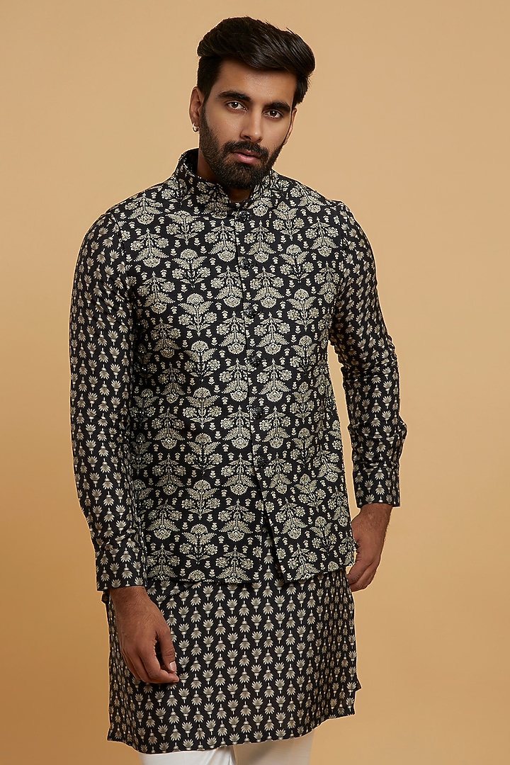 Black Art Silk Sequins Embroidered Bundi Jacket Set by Twamev at Pernia's Pop Up Shop