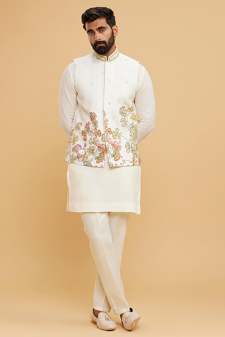 Cream Linen Hand Embroidered Bundi Jacket Set by Twamev