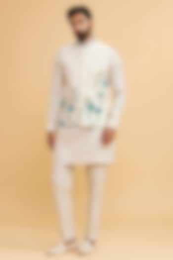 Beige Linen Hand Embroidered Bundi Jacket Set by Twamev