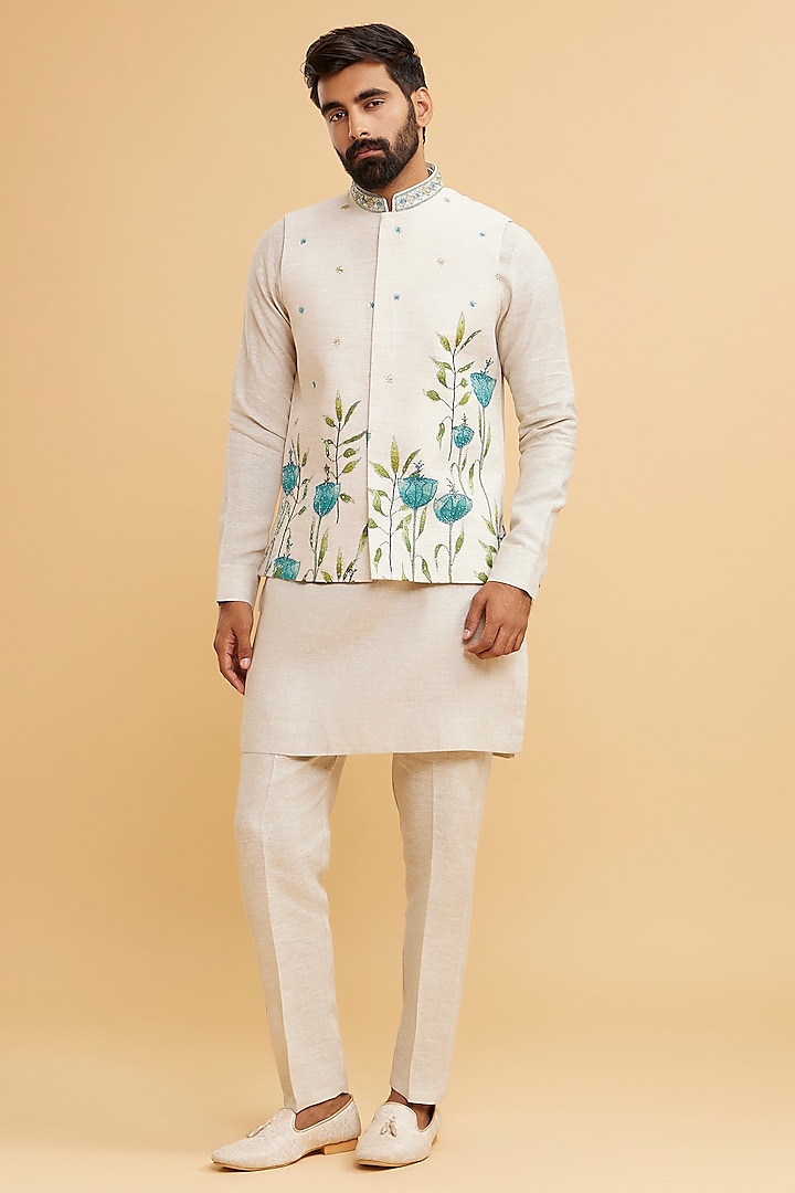 Beige Linen Hand Embroidered Bundi Jacket Set by Twamev