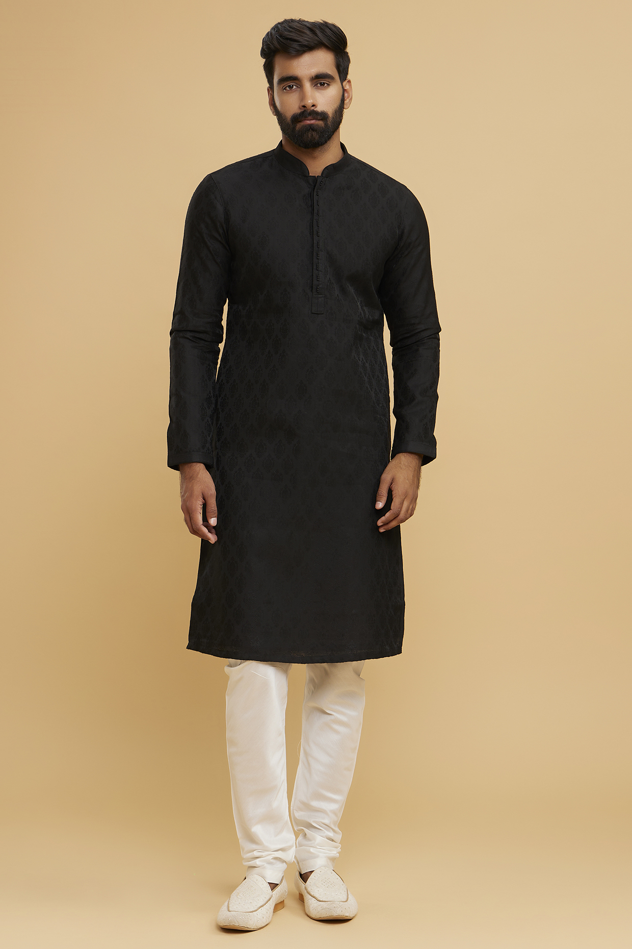 Black Art Silk Textured Kurta Set by Twamev