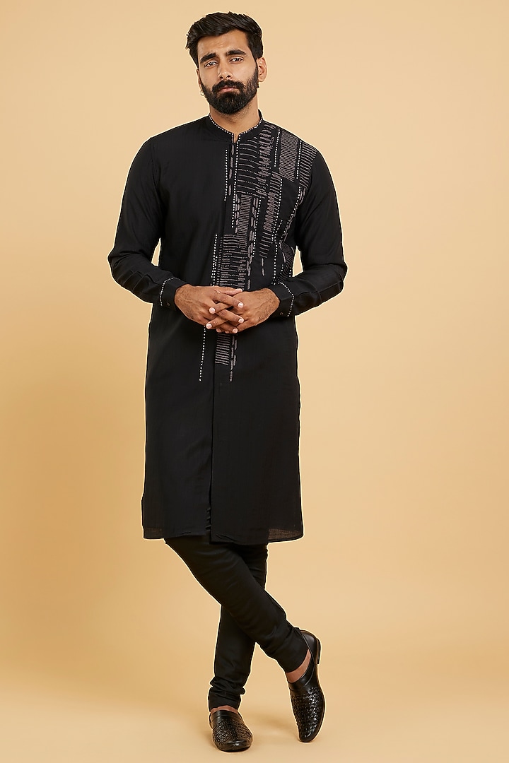 Black Blended Viscose Thread Embroidered Kurta Set by Twamev at Pernia's Pop Up Shop