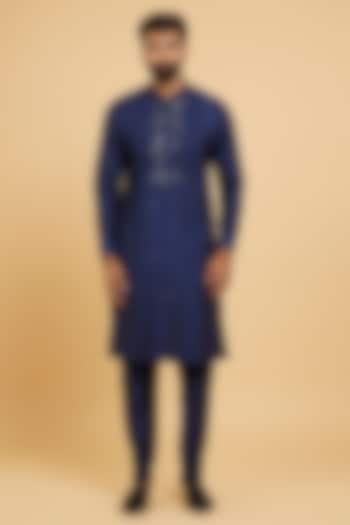 Dark Blue Blended Viscose Thread Embroidered Kurta Set by Twamev at Pernia's Pop Up Shop