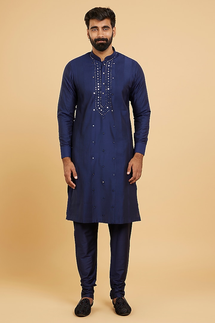 Dark Blue Blended Viscose Thread Embroidered Kurta Set by Twamev at Pernia's Pop Up Shop