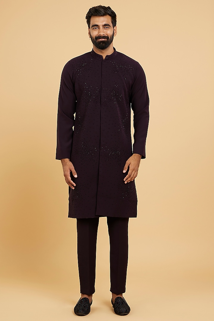 Wine Blended Rayon Zardosi Embroidered Kurta Set by Twamev at Pernia's Pop Up Shop