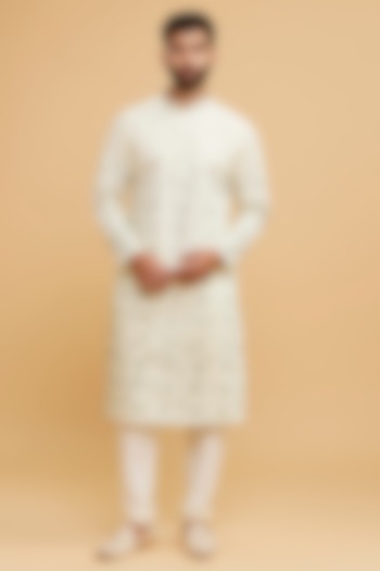 Cream-Green Blended Viscose Embroidered Kurta Set by Twamev