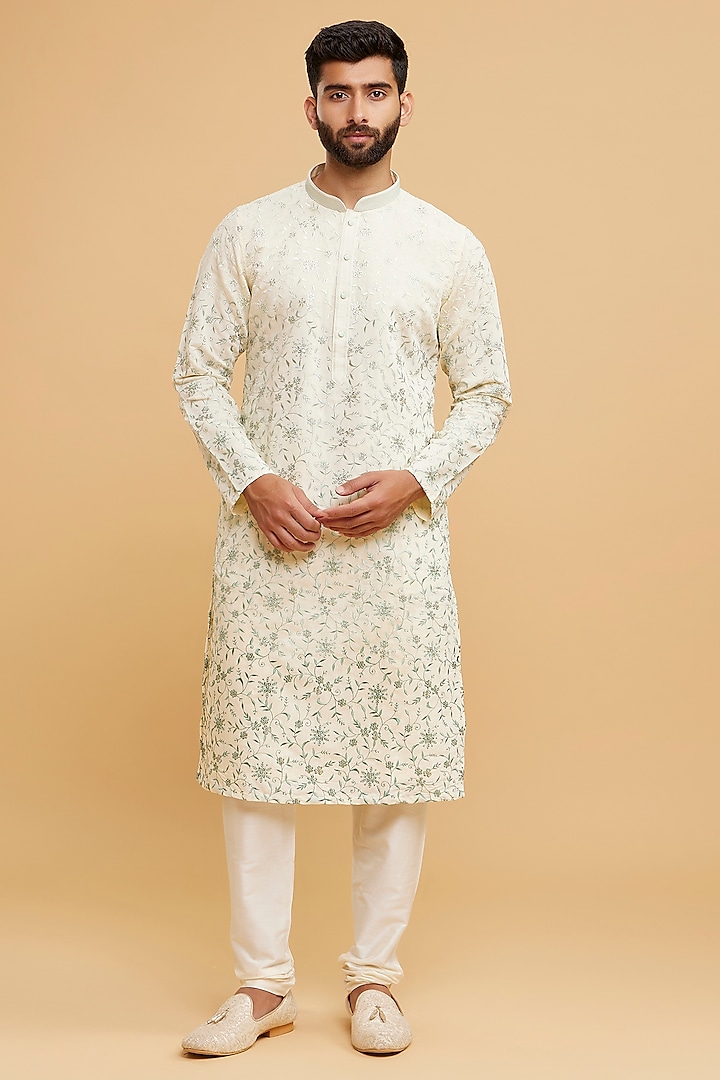 Cream-Green Blended Viscose Embroidered Kurta Set by Twamev