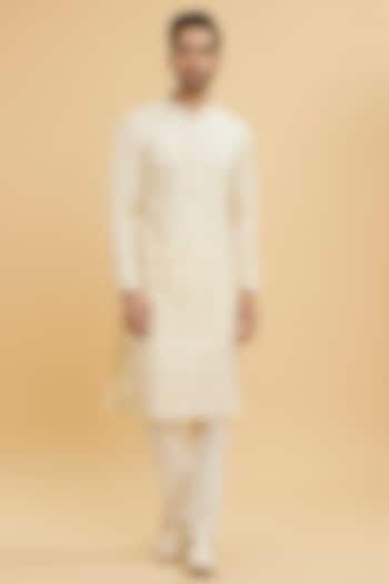 Yellow-Cream Blended Viscose Embroidered Kurta Set by Twamev at Pernia's Pop Up Shop