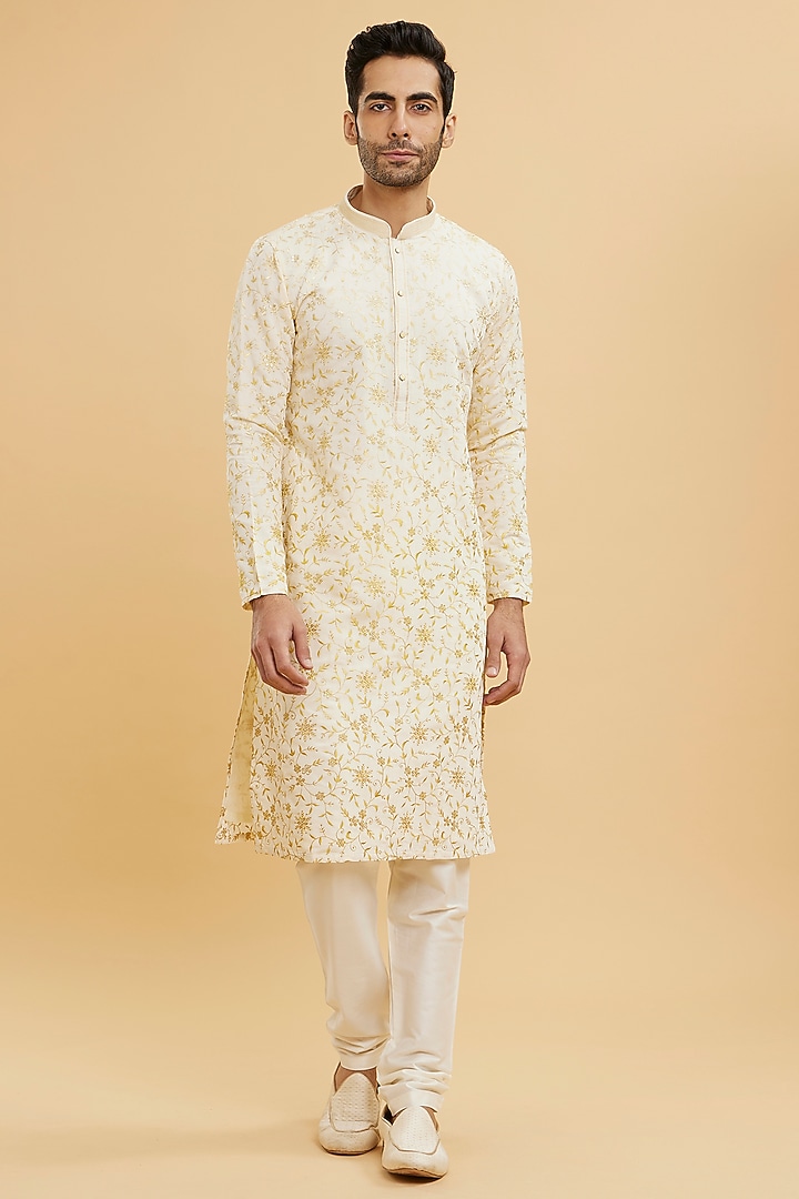 Yellow-Cream Blended Viscose Embroidered Kurta Set by Twamev at Pernia's Pop Up Shop