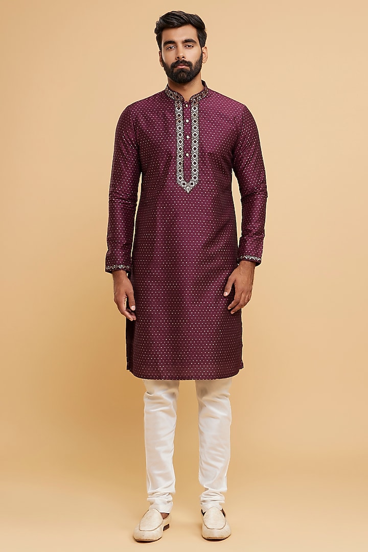 Wine Art Silk Embroidered Kurta Set by Twamev at Pernia's Pop Up Shop
