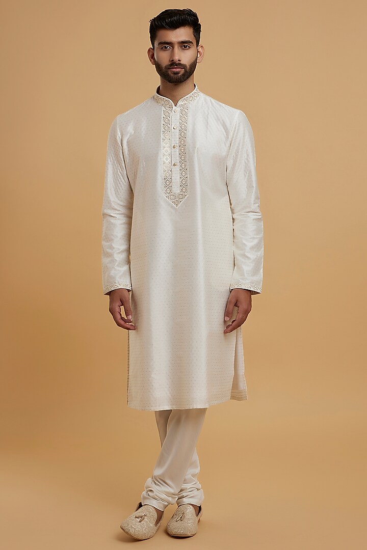 Cream Art Silk Sequins Work Kurta Set by Twamev