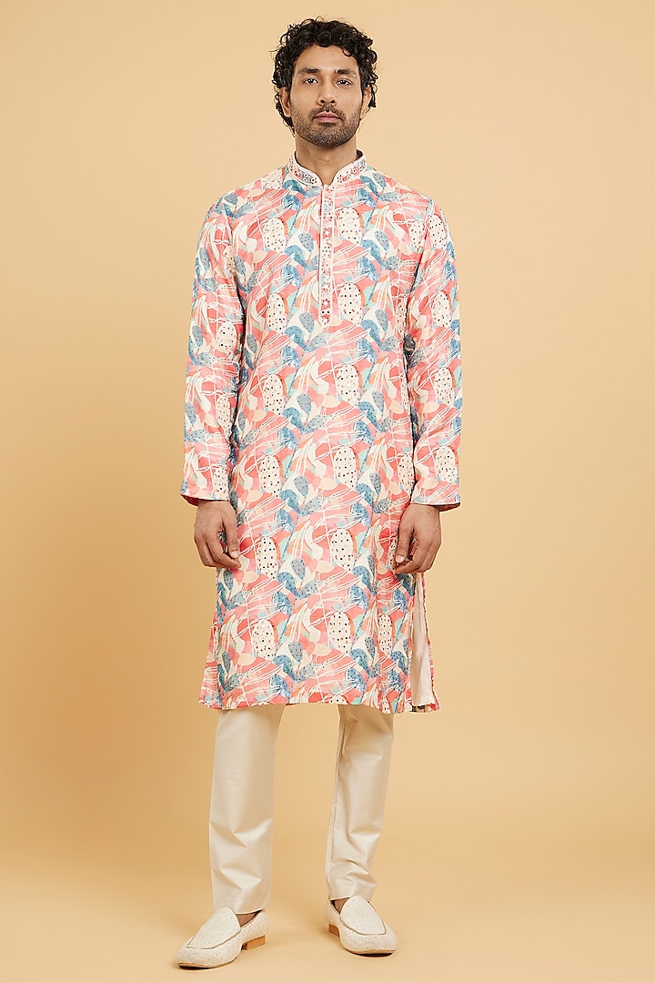 Pink Art Silk Printed & Hand Embroidered Kurta Set by Twamev