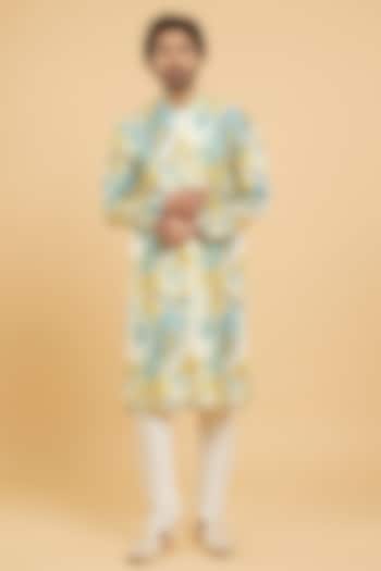 Turquoise Blue-Yellow Art Silk Printed Kurta Set by Twamev at Pernia's Pop Up Shop