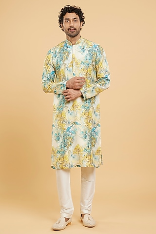 Turquoise Blue-Yellow Art Silk Printed Kurta Set by Twamev