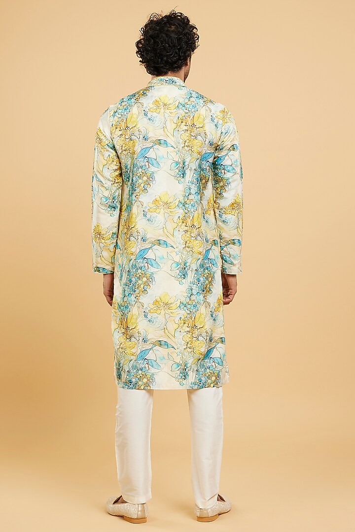 Turquoise Blue-Yellow Art Silk Printed Kurta Set by Twamev at Pernia's Pop Up Shop