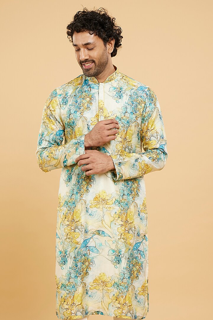 Turquoise Blue-Yellow Art Silk Printed Kurta Set by Twamev at Pernia's Pop Up Shop