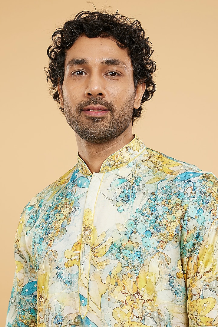 Turquoise Blue-Yellow Art Silk Printed Kurta Set by Twamev at Pernia's Pop Up Shop