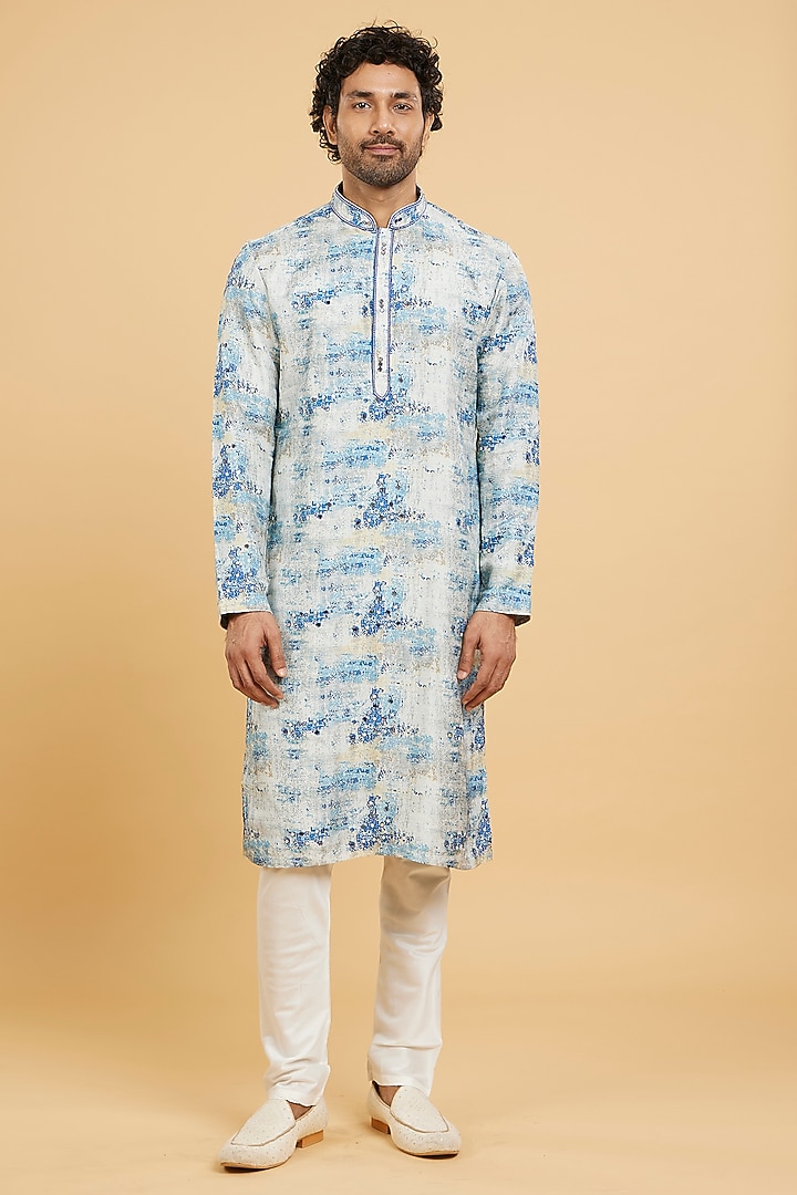 Blue Art Silk Printed & Moti Work Kurta Set by Twamev at Pernia's Pop Up Shop