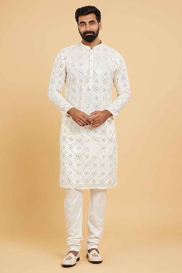 Cream Organza Sequins Embroidered Kurta Set by Twamev
