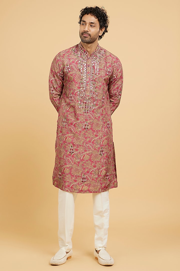 Red Art Silk Printed Kurta Set by Twamev at Pernia's Pop Up Shop