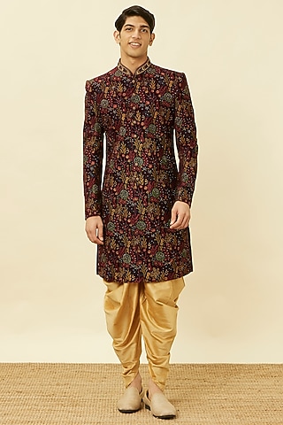 Wine Velvet Embroidered Sherwani Set by Twamev