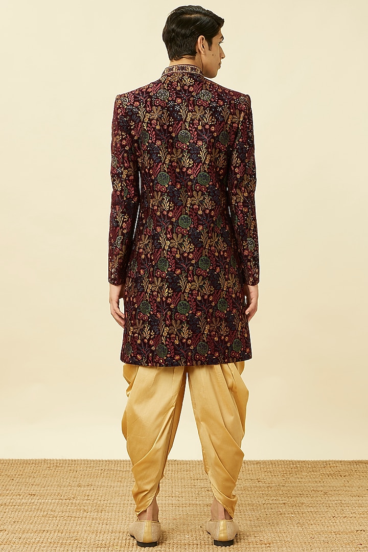 Wine Velvet Embroidered Sherwani Set by Twamev at Pernia's Pop Up Shop