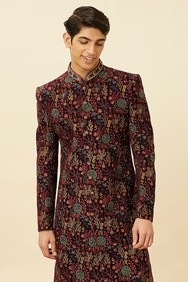 Wine Velvet Embroidered Sherwani Set by Twamev at Pernia's Pop Up Shop