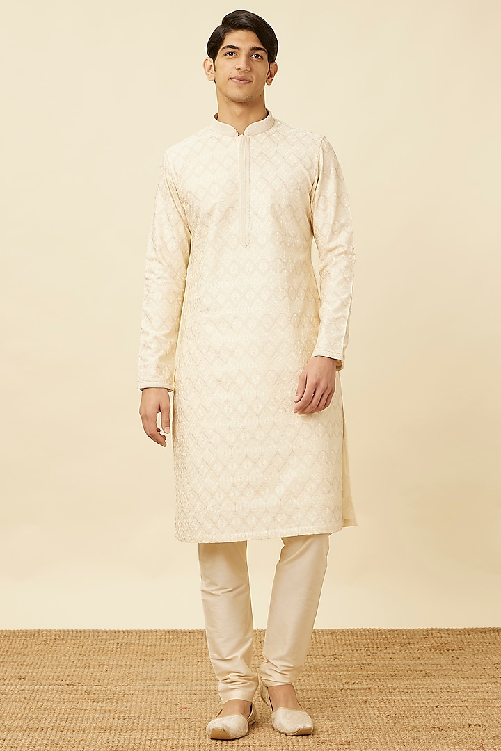 Cream Blended Viscose Embroidered Kurta Set by Twamev at Pernia's Pop Up Shop