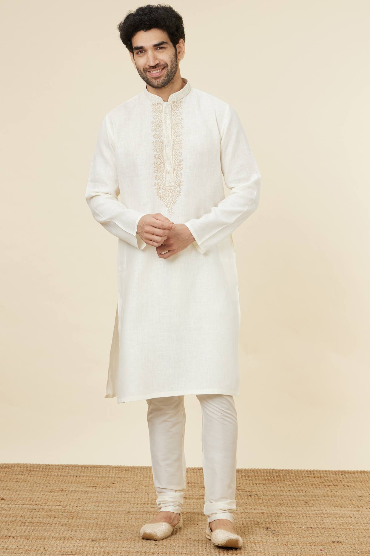 Cream Linen Embroidered Kurta Set by Twamev at Pernia's Pop Up Shop