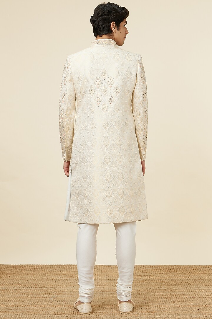 Cream Art Silk Embroidered Wedding Sherwani Set by Twamev at Pernia's Pop Up Shop