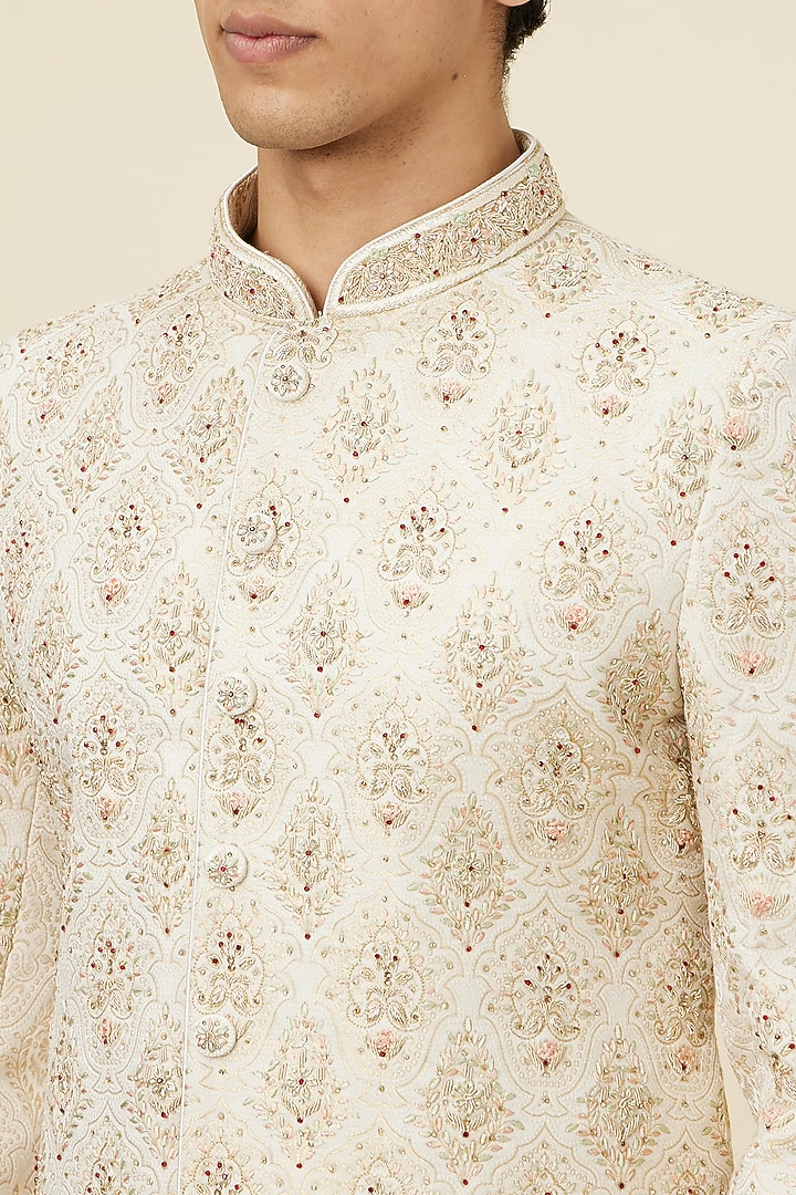 Cream Art Silk Embroidered Wedding Sherwani Set by Twamev at Pernia's Pop Up Shop