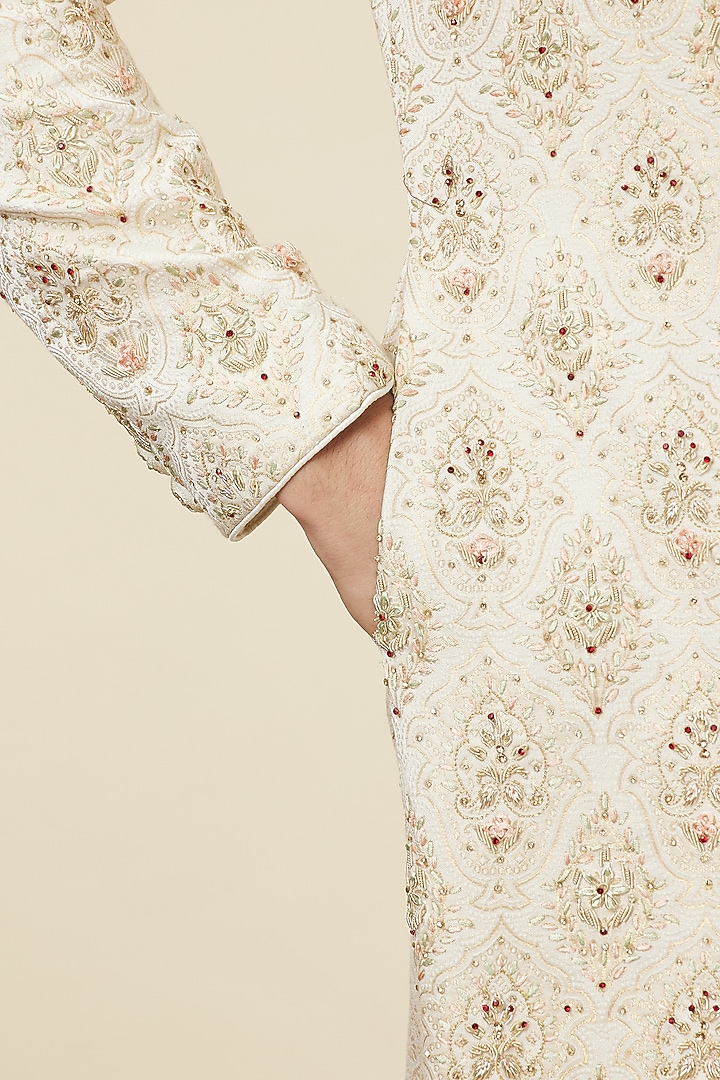 Cream Art Silk Embroidered Wedding Sherwani Set by Twamev at Pernia's Pop Up Shop