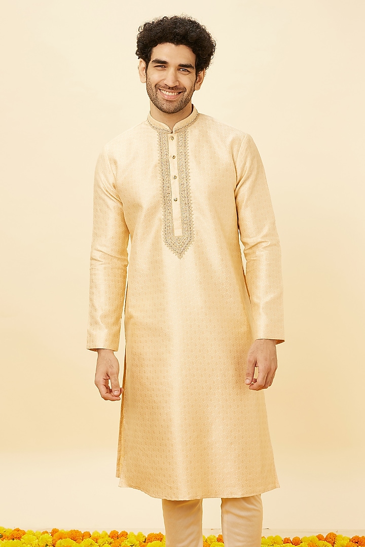 Beige Brocade Kurta Set by Twamev at Pernia's Pop Up Shop