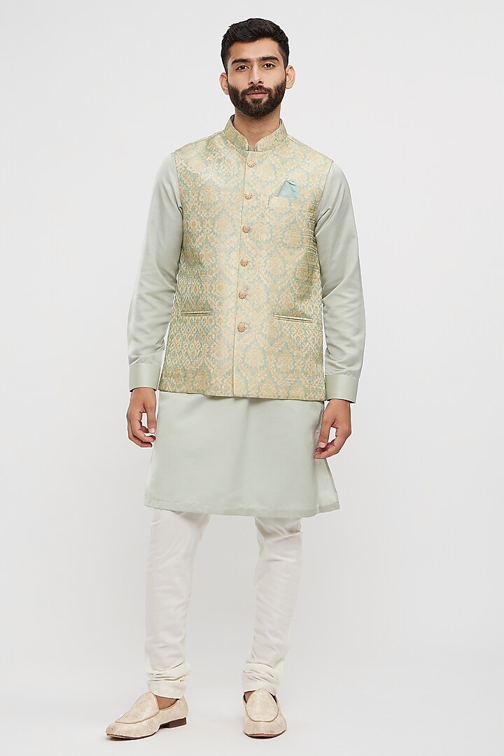 Green Brocade Satin Threadwork Bundi Jacket Set by Twamev at Pernia's Pop Up Shop