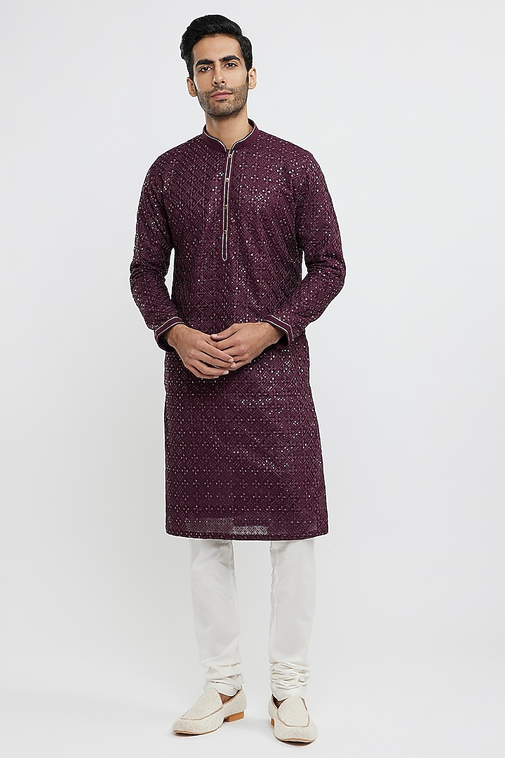 Wine Georgette Thread Embroidered Kurta Set by Twamev at Pernia's Pop Up Shop