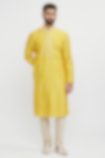 Yellow Art Silk Thread Embroidered Kurta Set by Twamev at Pernia's Pop Up Shop