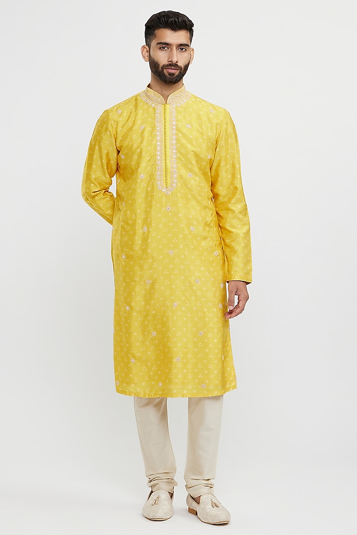 Yellow Art Silk Thread Embroidered Kurta Set by Twamev at Pernia's Pop Up Shop