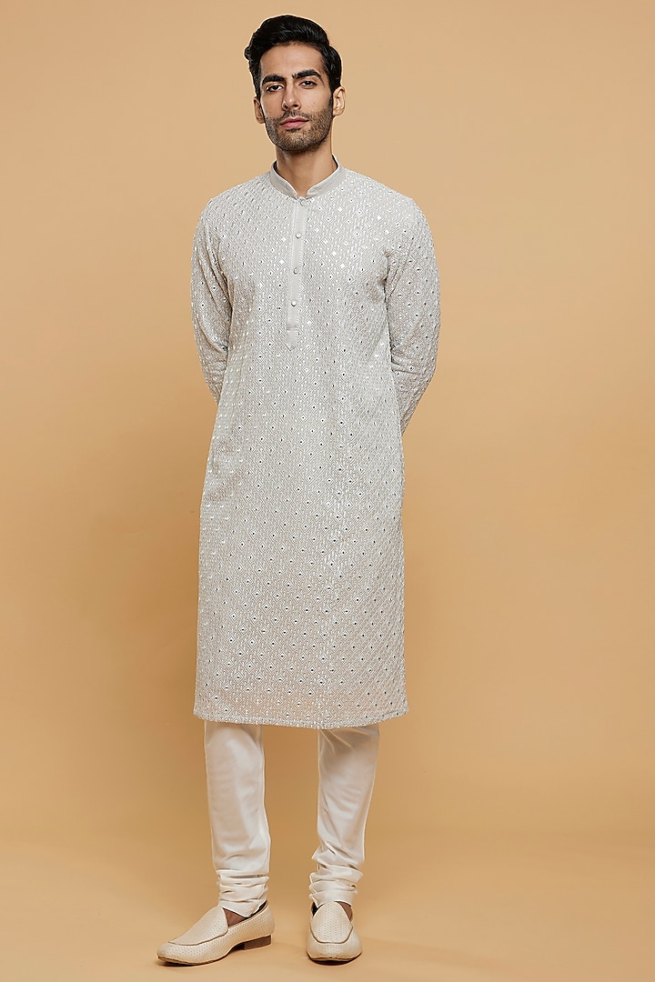 Grey Georgette Thread Embroidered Kurta Set by Twamev at Pernia's Pop Up Shop